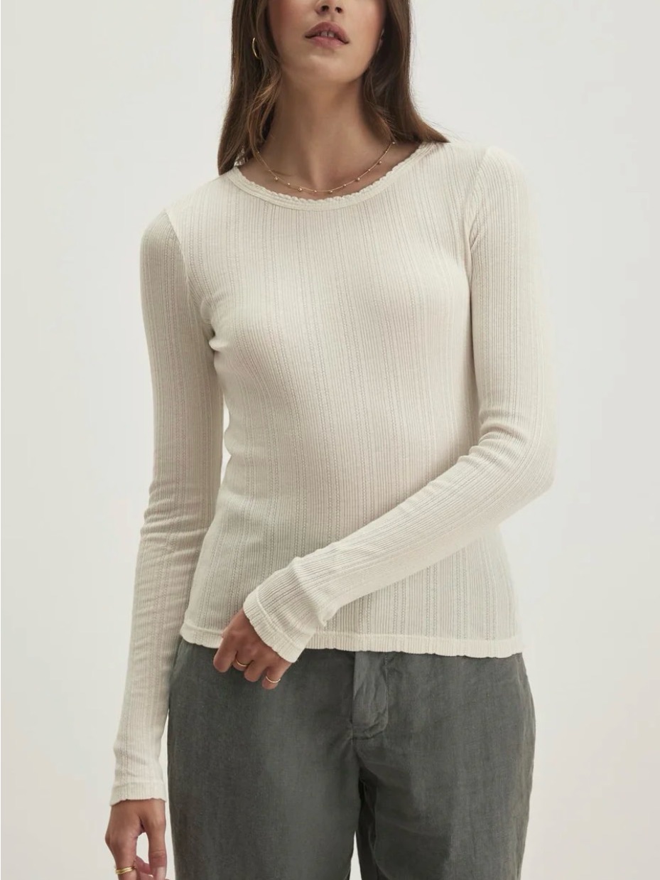 Velvet By Graham & Spencer Cream Ribbed Long-Sleeve Crewneck